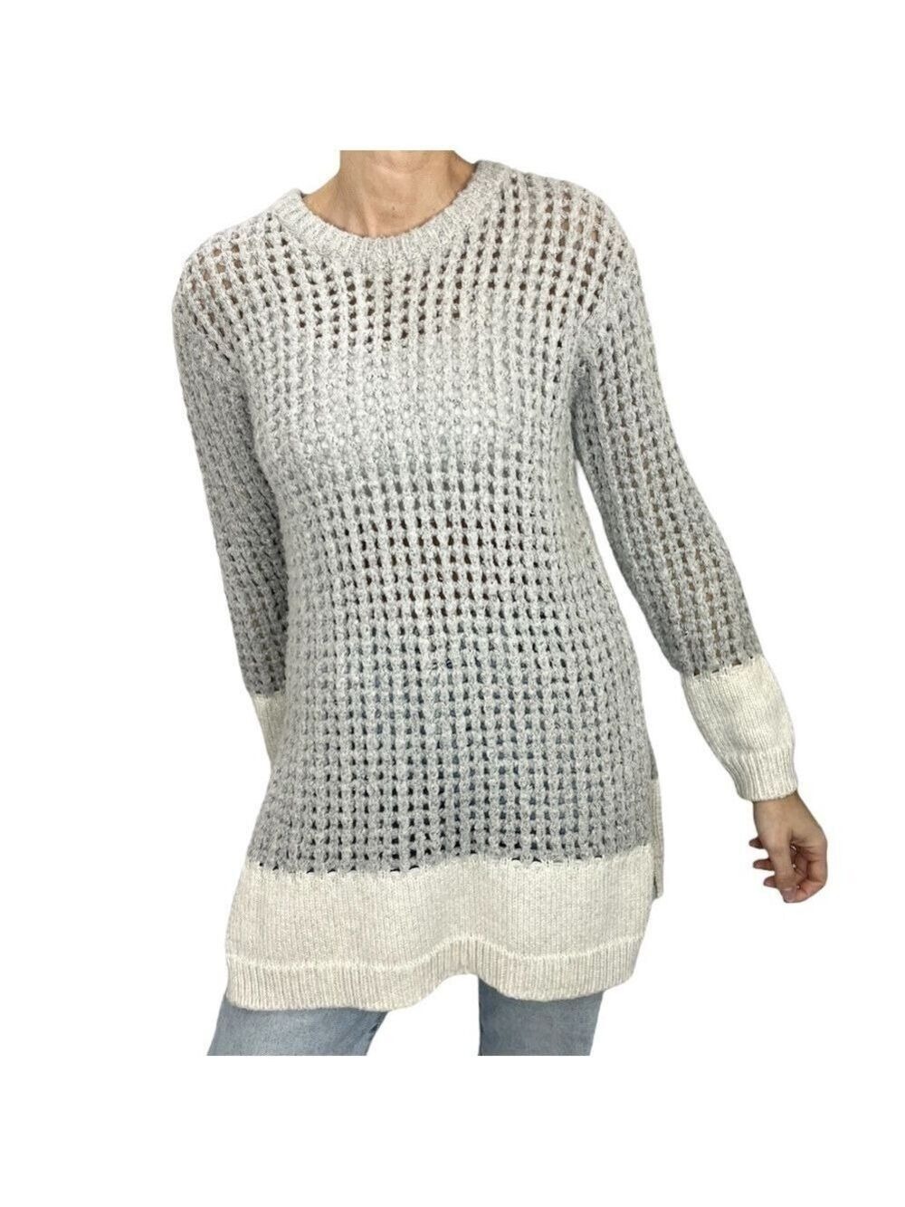 Line the Label Canada grey white open knit crew neck tunic sweater M